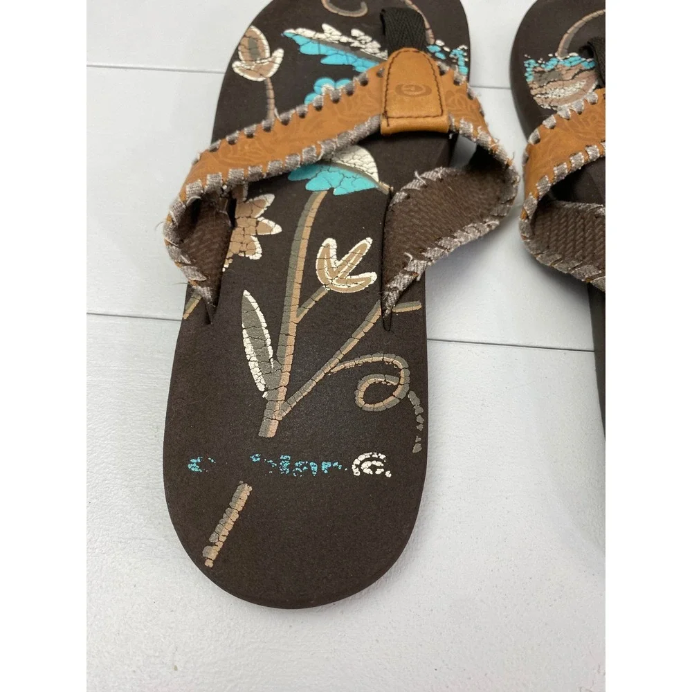 Y2K Cobian Floral Whipstitch‎ Flip Flops Women USA 8 Brown Turquoise Sandals